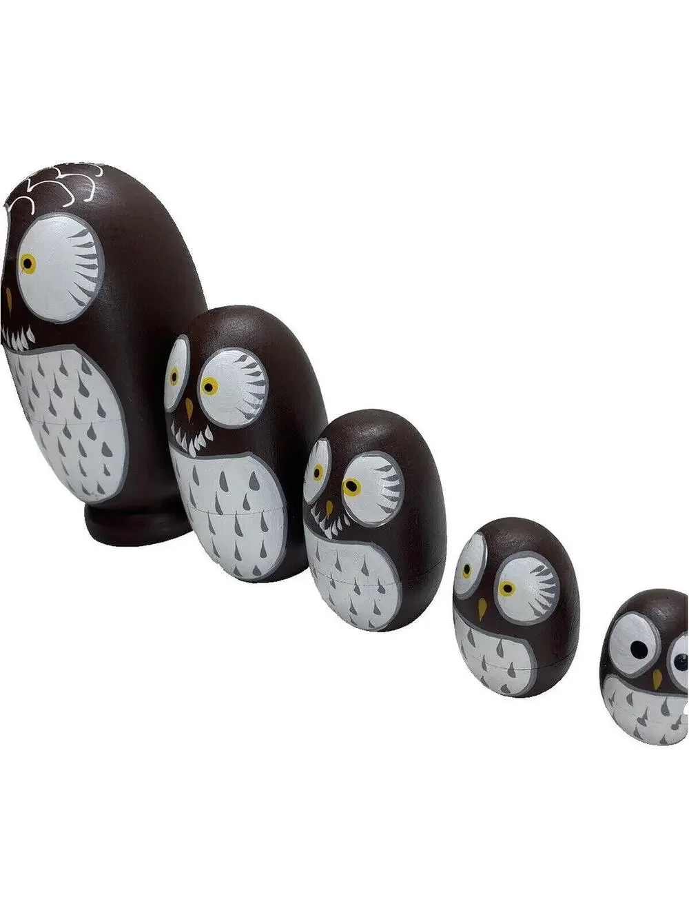 Wooden Owl Nesting Dolls - 10 Piece Set - Brown and White - Hand-Painted